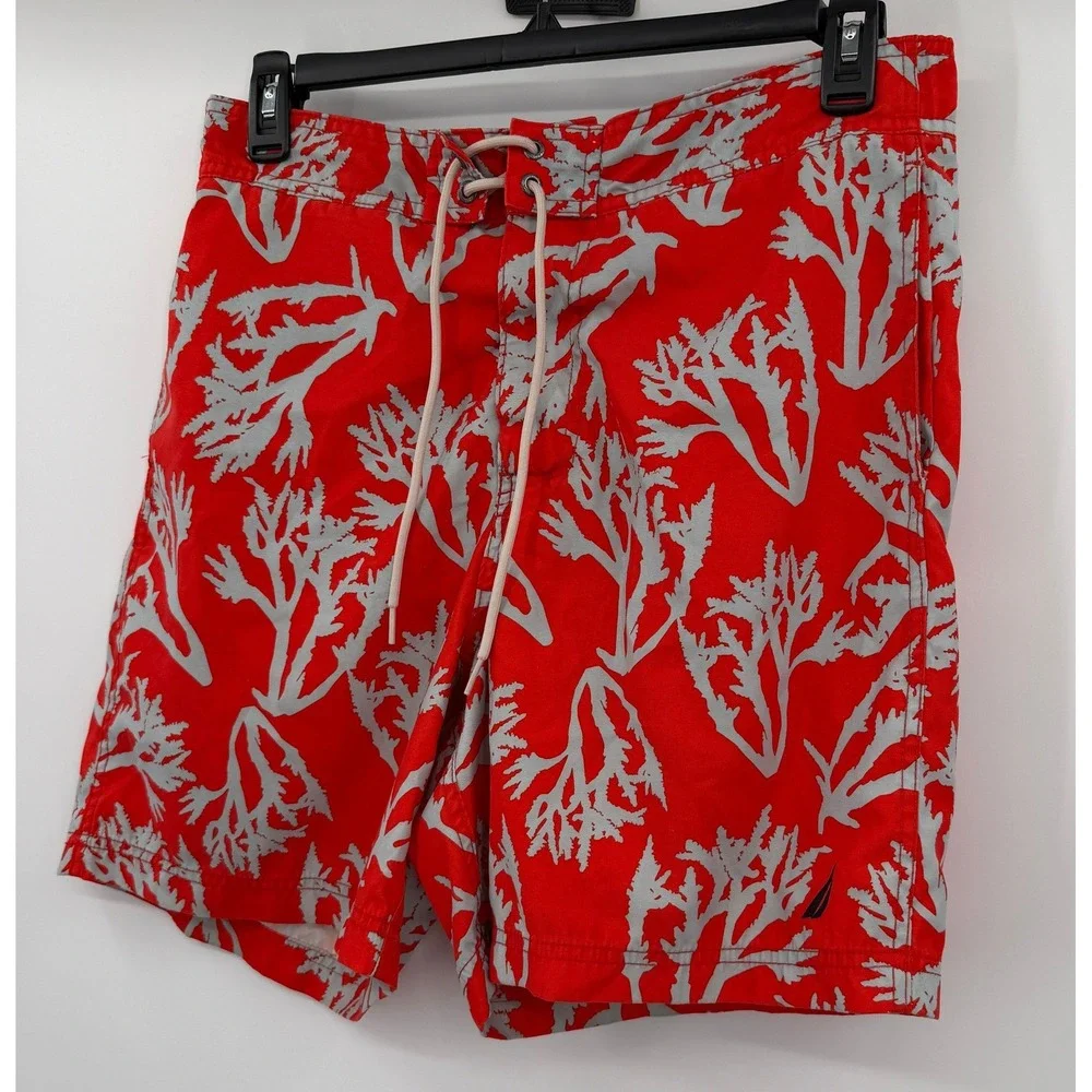 Nautica‎ Mens Red Coral Print Swim Trunks Board Shorts Mesh Lined Size Medium